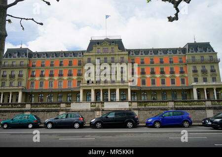 The Palais Wilson in Geneva, Switzerland, headquarters of the Office of the United Nations High Commissioner for Human Rights. It was also the headquarters of the League of Nations from 1920  to 1936,  the building was named after U.S. President Woodrow Wilson, who was instrumental to the foundation of the League of Nations. Stock Photo