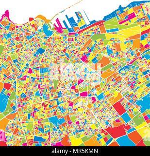 Casablanca, Morocco, colorful vector map.  White streets, railways and water. Bright colored landmark shapes. Art print pattern. Stock Vector