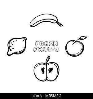 Cartoon fruits on white background. Hand drawn illustration. Stock Vector