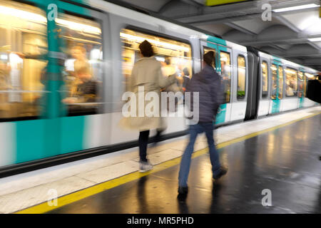 Passengers and underground train on the platform at Pont-Neuf metro station in Paris France Europe  KATHY DEWITT Stock Photo