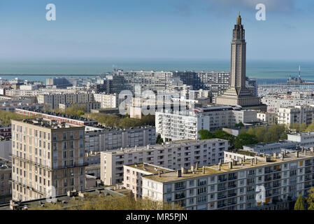 Le Havre (Normandy, north western France): overview from the City Hall. On the right, St. Joseph's Church, building registered as a National Historic  Stock Photo