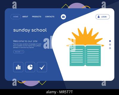 Quality One Page sunday school Website Template Vector Eps, Modern Web Design with flat UI elements and landscape illustration, ideal for landing page Stock Vector