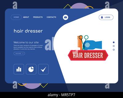 Quality One Page hair dresser Website Template Vector Eps, Modern Web Design with flat UI elements and landscape illustration, ideal for landing page Stock Vector