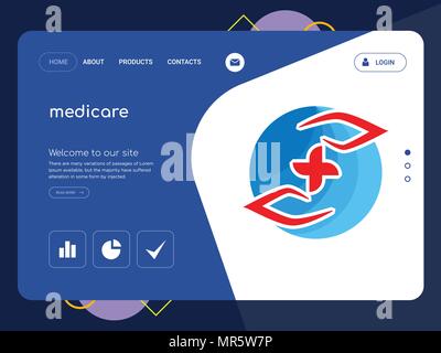 Quality One Page medicare Website Template Vector Eps, Modern Web Design with flat UI elements and landscape illustration, ideal for landing page Stock Vector