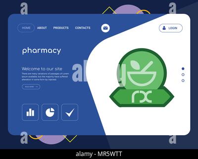 Quality One Page pharmacy Website Template Vector Eps, Modern Web Design with flat UI elements and landscape illustration, ideal for landing page Stock Vector