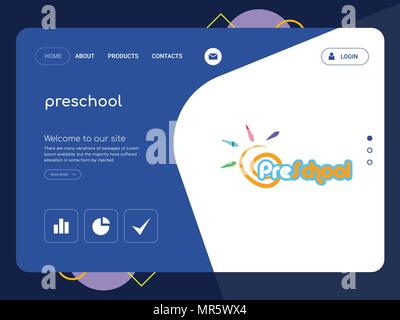 Quality One Page preschool Website Template Vector Eps, Modern Web Design with flat UI elements and landscape illustration, ideal for landing page Stock Vector