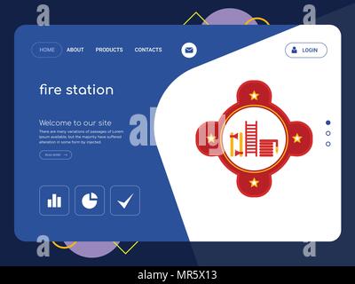 Quality One Page fire station Website Template Vector Eps, Modern Web Design with flat UI elements and landscape illustration, ideal for landing page Stock Vector