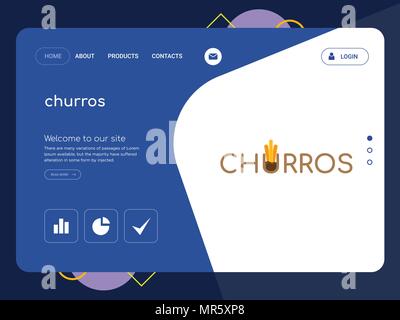 Quality One Page churros Website Template Vector Eps, Modern Web Design with flat UI elements and landscape illustration, ideal for landing page Stock Vector