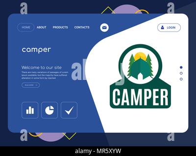Quality One Page camper Website Template Vector Eps, Modern Web Design with flat UI elements and landscape illustration, ideal for landing page Stock Vector