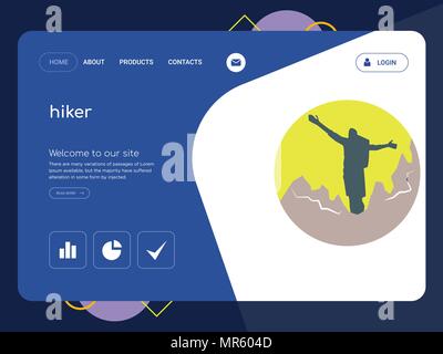 Quality One Page hiker Website Template Vector Eps, Modern Web Design with flat UI elements and landscape illustration, ideal for landing page Stock Vector