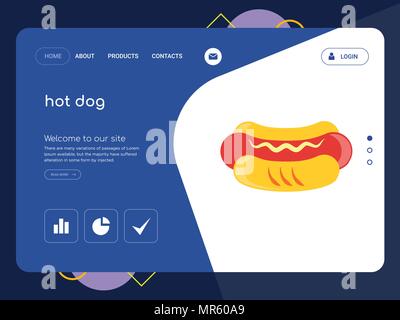 Quality One Page hot dog Website Template Vector Eps, Modern Web Design with flat UI elements and landscape illustration, ideal for landing page Stock Vector