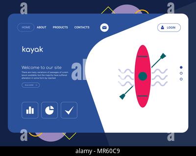 Quality One Page kayak Website Template Vector Eps, Modern Web Design with flat UI elements and landscape illustration, ideal for landing page Stock Vector