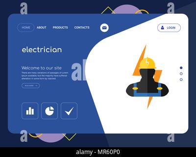 Quality One Page electrician Website Template Vector Eps, Modern Web Design with flat UI elements and landscape illustration, ideal for landing page Stock Vector