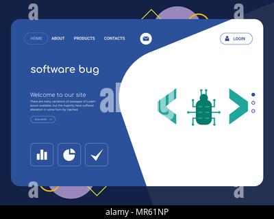 Quality One Page software bug Website Template Vector Eps, Modern Web Design with flat UI elements and landscape illustration, ideal for landing page Stock Vector