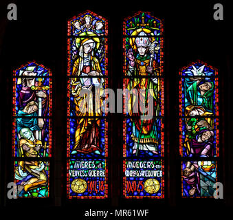 Stained glass window dedicated to bereaved Mothers and Widows of the two World Wars. National Basilica of the Sacred Heart / Basilique Nationale Koeke Stock Photo