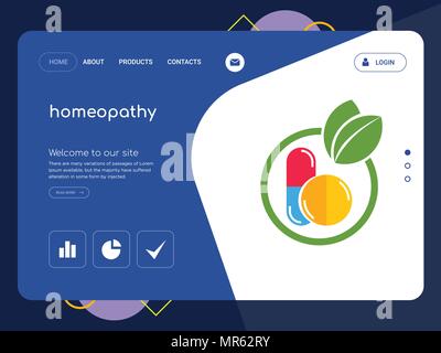 Quality One Page homeopathy Website Template Vector Eps, Modern Web Design with flat UI elements and landscape illustration, ideal for landing page Stock Vector