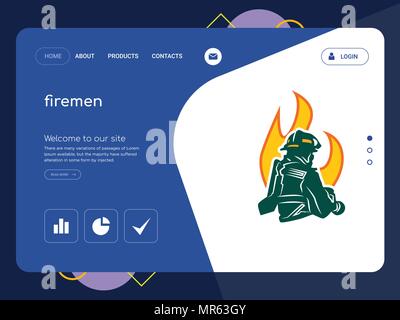 Quality One Page firemen Website Template Vector Eps, Modern Web Design with flat UI elements and landscape illustration, ideal for landing page Stock Vector