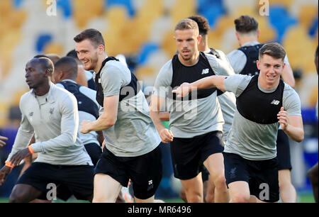 Liverpool's (left-right) Sadio Mane, Andy Robertson, Jordan Henderson and Connor Randall during the training session at the NSK Olimpiyskiy Stadium, Kiev. Stock Photo