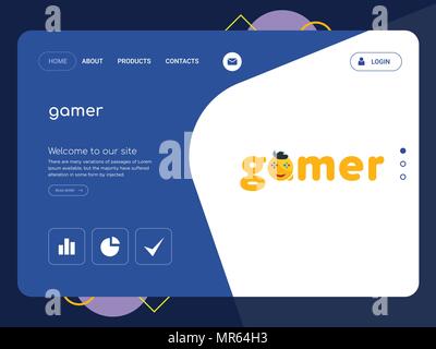 Quality One Page gamer Website Template Vector Eps, Modern Web Design with flat UI elements and landscape illustration, ideal for landing page Stock Vector
