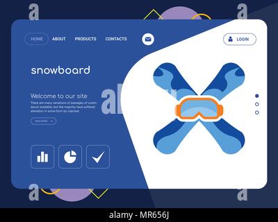 Quality One Page snowboard Website Template Vector Eps, Modern Web Design with flat UI elements and landscape illustration, ideal for landing page Stock Vector