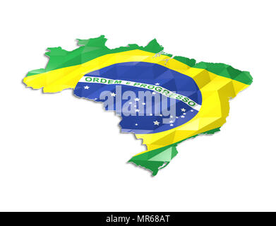 Low poly flag in Map of Brazil, 3d rendering, art icon Stock Photo