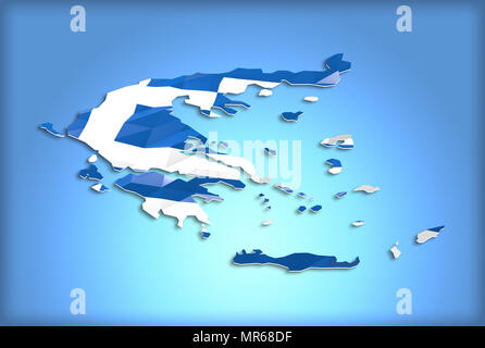 Low poly flag in Map of Greece, 3d rendering, art icon Stock Photo