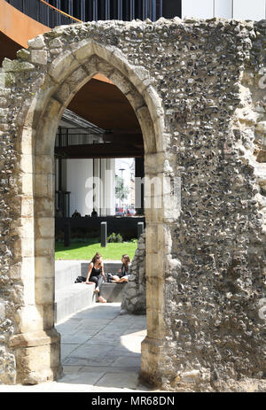 London Wall Place, a new landscaped area in the City of London, incorporating St Alphage church remains and a section of the original London Wall. Stock Photo