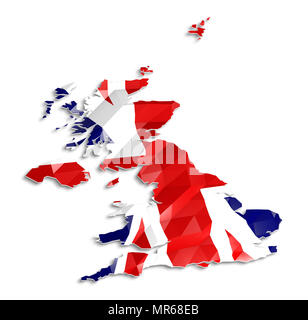 Low poly flag in Map of United Kingdom, 3d rendering, art icon Stock Photo