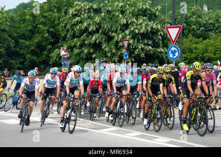 The big group with The Maglia Rosa, (The pink jersey) at Mondovì in pursuit of the group of the first on the run. 18.th stage of the Tour of Italy '18. Stock Photo