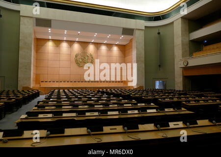 assembly hall at UN Headquarters, Geneva, Switzerland. The United Nations Office at Geneva (UNOG) is the second-largest of the four major office sites of the United Nations (second to the United Nations Headquarters in New York City). It is located in the Palais des Nations building constructed for the League of Nations Stock Photo