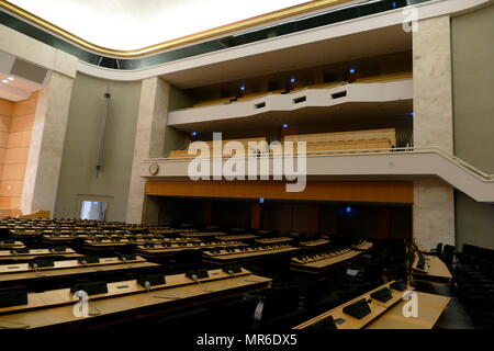 assembly hall at UN Headquarters, Geneva, Switzerland. The United Nations Office at Geneva (UNOG) is the second-largest of the four major office sites of the United Nations (second to the United Nations Headquarters in New York City). It is located in the Palais des Nations building constructed for the League of Nations Stock Photo