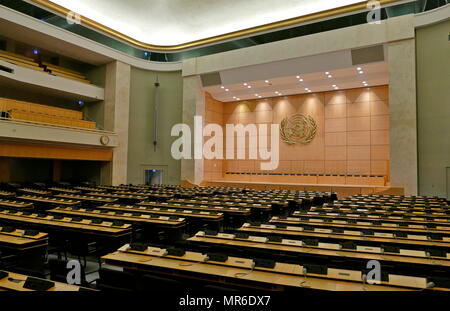 assembly hall at UN Headquarters, Geneva, Switzerland. The United Nations Office at Geneva (UNOG) is the second-largest of the four major office sites of the United Nations (second to the United Nations Headquarters in New York City). It is located in the Palais des Nations building constructed for the League of Nations Stock Photo