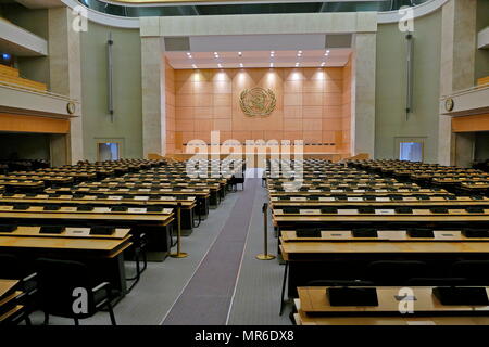 assembly hall at UN Headquarters, Geneva, Switzerland. The United Nations Office at Geneva (UNOG) is the second-largest of the four major office sites of the United Nations (second to the United Nations Headquarters in New York City). It is located in the Palais des Nations building constructed for the League of Nations Stock Photo