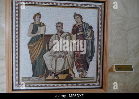 Virgil and the three muses; 3rd century AD Roman Mosaic discovered at Sousse, Tunisia. Stock Photo