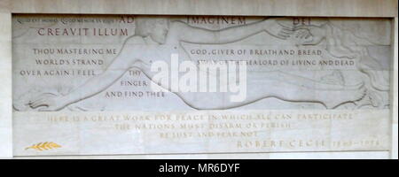 This panel was a British Gift to the League of Nations; large carving sits at the entrance to the main hall of the Palais des Nations, Geneva; built 1929–38. It was given to the League of Nations by the British Government. Stock Photo