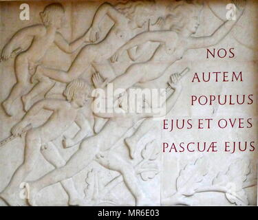 This panel was a British Gift to the League of Nations; large carving sits at the entrance to the main hall of the Palais des Nations, Geneva; built 1929–38. It was given to the League of Nations by the British Government. Stock Photo