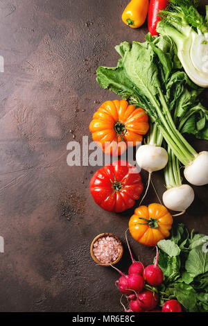Variety of wet raw fresh organic colorful vegetables tomatoes, radish with leaves, fennel, paprika with bowl of pink salt for salad over dark brown te Stock Photo