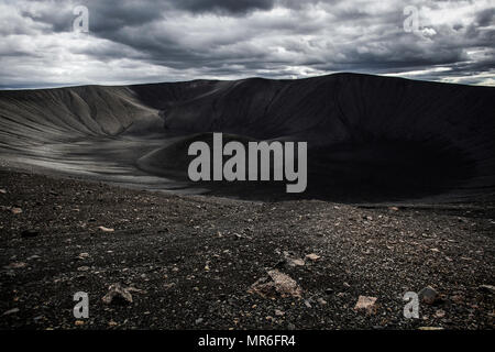 Crater of the volcano Hverfjall, volcanic landscape, near lake Myvatn, dramatic clouds, North Iceland, Iceland Stock Photo