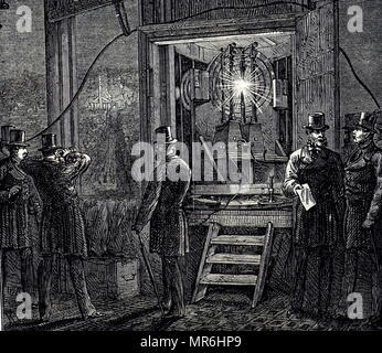 Engraving depicting a carbon arc lamp with Chance Bros optics and powered by a Gramme dynamo, used to light the beacon at the top of the Victoria Clock Tower. Dated 19th century Stock Photo