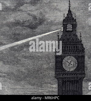 Engraving depicting a carbon arc lamp with Chance Bros optics and powered by a Gramme dynamo, used to light the beacon at the top of the Victoria Clock Tower. Dated 19th century Stock Photo