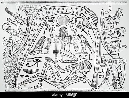 The Greenfield Papyrus depicting the ancient Egyptian goddess Nut, goddess of the sky, standing on hands and feet, representing the sky, the god Qeb reclining below represents the Earth, with the god Shu standing, representing the air, with a ram-headed god on either side. Dated 10th century BC Stock Photo