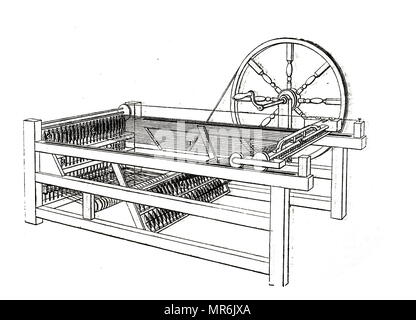 Engraving depicting James Hargreaves' Spinning Jenny. The spinning jenny is a multi-spindle spinning frame, and was one of the key developments in the industrialization of weaving during the early Industrial Revolution. Dated 19th century Stock Photo