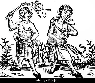 Woodblock engraving depicting members of the sect of Flagellants scourging themselves. At the time of the Black Death in Europe, members of the sect went through the streets whipping themselves in an attempt to make retribution to God for their sins of the people and so save the population from God's anger manifested in the form of plague. Dated 15th century Stock Photo