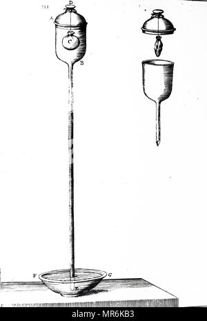 Engraving depicting one of Evangelista Torricelli's experiments on barometric pressure: small bladder containing a little air was hung in a chamber at the top of the barometer tube (right). The barometer was filled with mercury, the cover and bladder put in place (left) and the mercury allowed to settle. The bladder expanded because of alteration in pressure. Evangelista Torricelli (1608-1647) an Italian physicist and mathematician, best known for his invention of the barometer. Dated 17th century Stock Photo