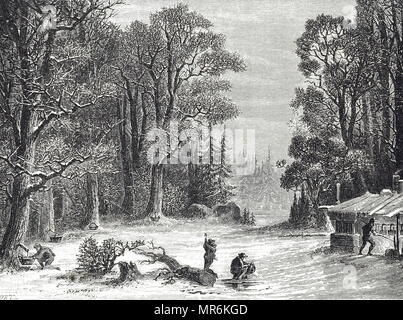 Engraving depicting the collecting and boiling the sap of the Sugar Maple in North America. Dated 19th century Stock Photo