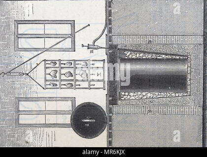 Engraving depicting a sunken cold store for a butcher's shop. Ice was packed around an iron tank: pump, n, removed water. Dated 19th century Stock Photo