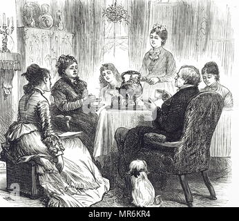 Engraving depicting a family sitting at the breakfast table together dominated by the tea kettle. Dated 19th century Stock Photo