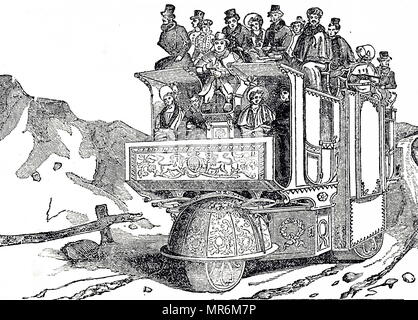 Engraving depicting the steam carriage designed by Mr Church, which was intended to run between London and Birmingham. Dated 19th century Stock Photo