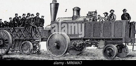 Engraving depicting a steam traction engine. Dated 19th century Stock Photo