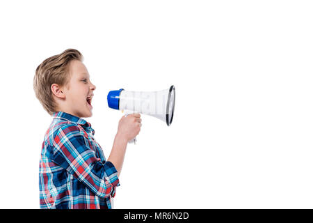 Side view of cute little boy holding megaphone and screaming isolated on white Stock Photo